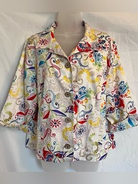 Norm Thompson Floral Paisley Jacket XL White Multi Color Cotton Boho Art To Wear